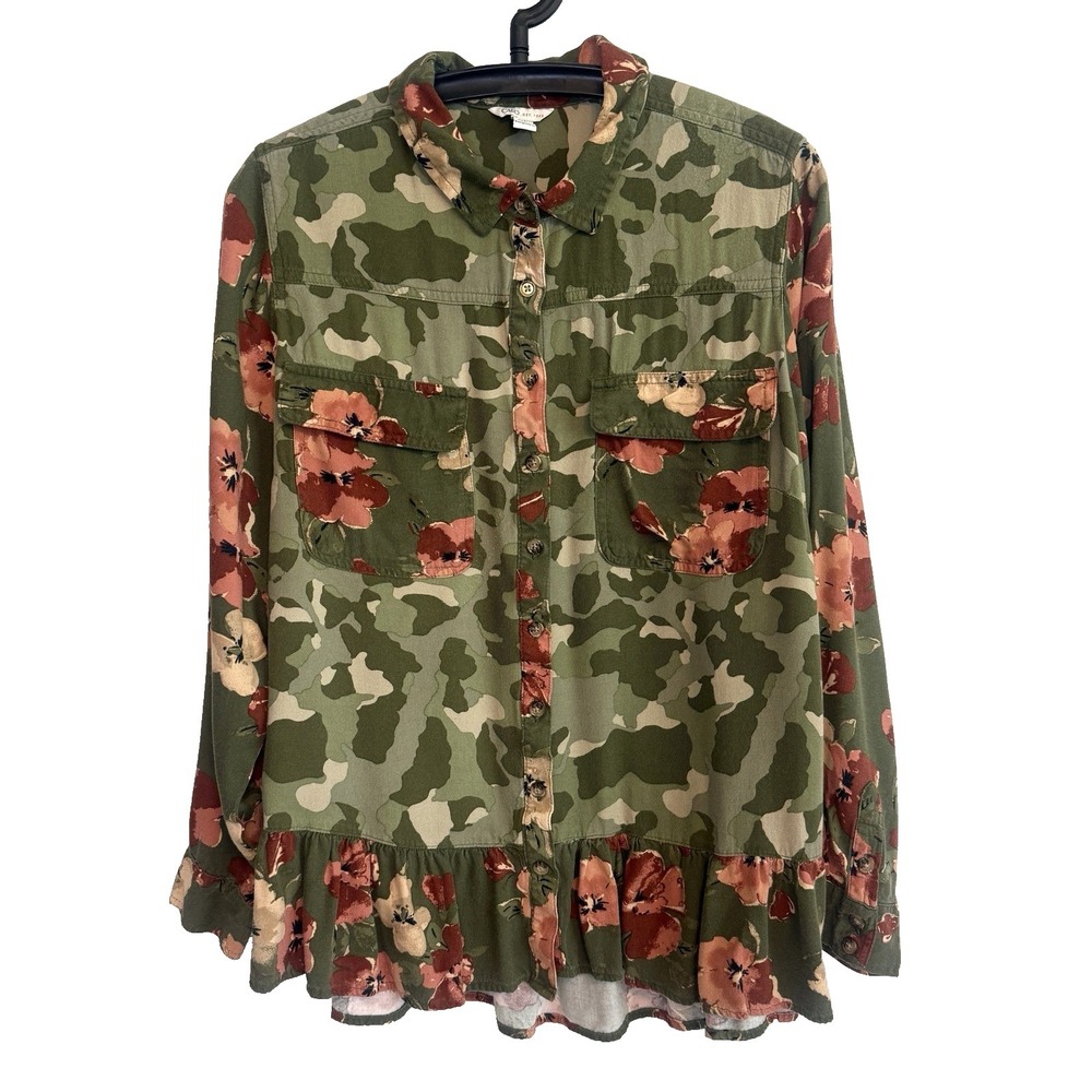 Women Camouflage Ruffle Button Top 14/16 Long Sleeve Military Inspired Gorpcore